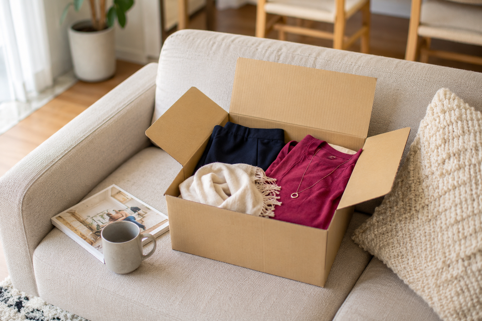 自宅に届いた箱に洋服と小物のコーディネートが入っているイメージ
